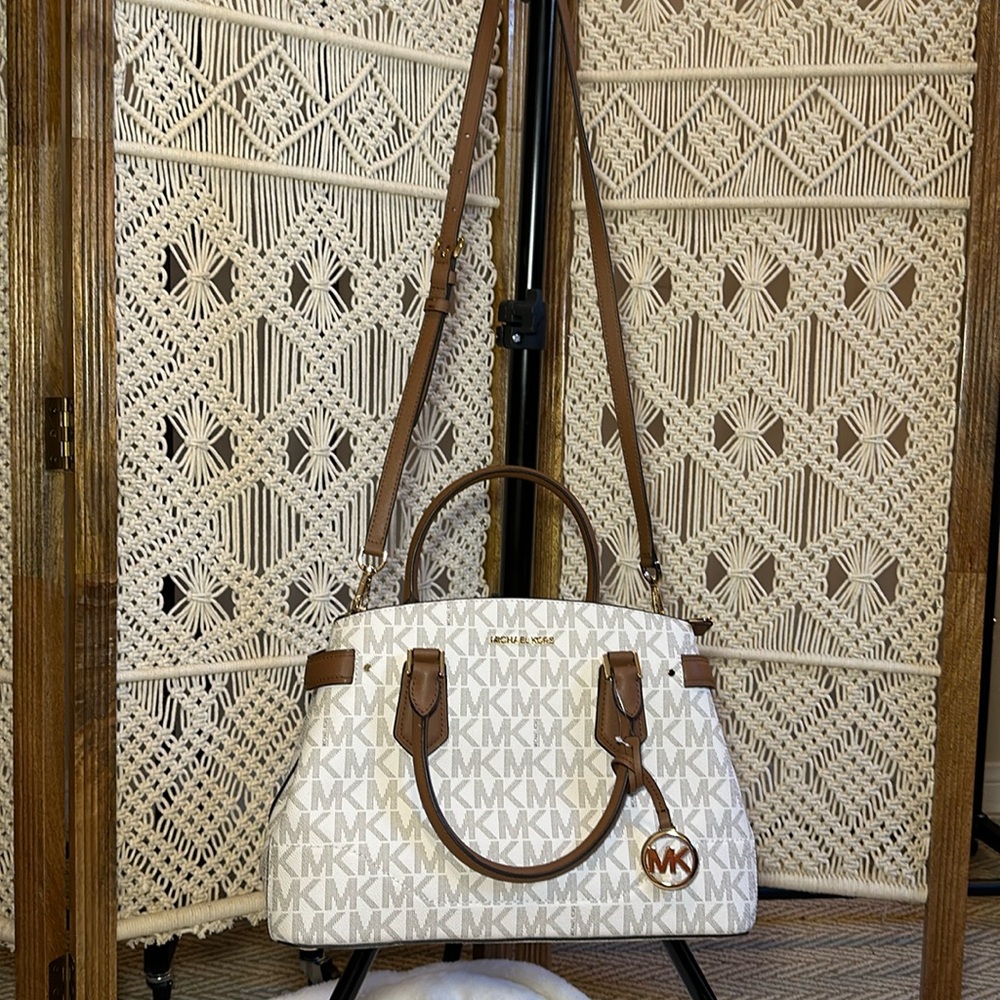 Brand New Michael Kors Mercer Medium Logo and Leather Belted Satchel Bag